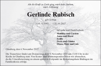 Traueranzeige von Gerlinde Rubisch von  Kreisanzeiger