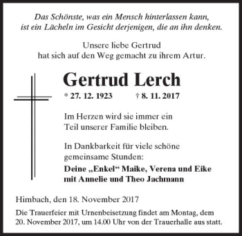 Traueranzeige von Gertrud Lerch von  Kreisanzeiger