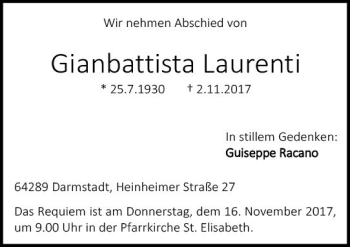 Traueranzeige von Gianbattista Laurenti von Trauerportal Echo Online