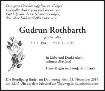 Traueranzeige von Gudrun Rothbarth von Trauerportal Rhein Main Presse