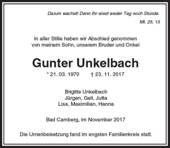 Traueranzeige von Gunter Unkelbach von  Camberger Anzeiger