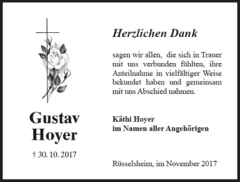 Traueranzeige von Gustav Hoyer von Trauerportal Rhein Main Presse