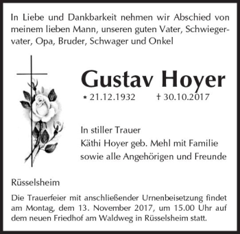 Traueranzeige von Gustav Hoyer von Trauerportal Rhein Main Presse
