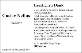 Traueranzeige von Gustav Nelius von Trauerportal Echo Online