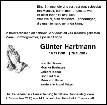 Traueranzeige von Günter Hartmann von Trauerportal Echo Online