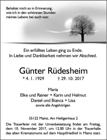 Traueranzeige von Günter Rüdesheim von Trauerportal Rhein Main Presse