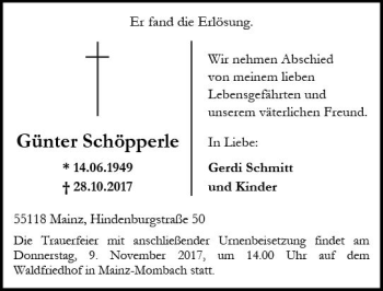 Traueranzeige von Günter Schöpperle von Trauerportal Rhein Main Presse