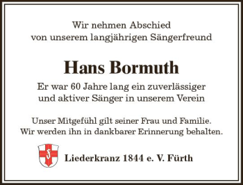Traueranzeige von Hans Bormuth von Trauerportal Echo Online