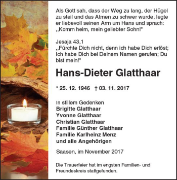 Traueranzeige von Hans-Dieter Glatthaar von  Gießener Anzeiger