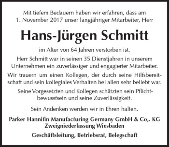 Traueranzeige von Hans-Jürgen Schmitt von Trauerportal Rhein Main Presse