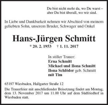 Traueranzeige von Hans-Jürgen Schmitt von Trauerportal Rhein Main Presse