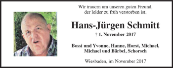 Traueranzeige von Hans-Jürgen Schmitt von Trauerportal Rhein Main Presse