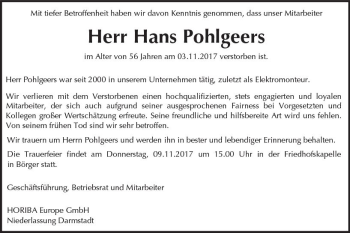 Traueranzeige von Hans Pohlgeers von Trauerportal Echo Online