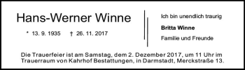 Traueranzeige von Hans-Werner Winne von Trauerportal Echo Online