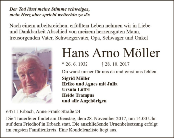 Traueranzeige von Hans Arno Möller von Trauerportal Echo Online