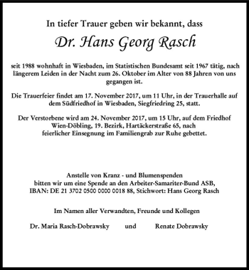 Traueranzeige von Hans Georg Rasch von Trauerportal Rhein Main Presse
