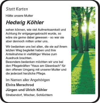 Traueranzeige von Hedwig Köhler von VRM Trauer