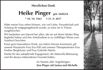 Traueranzeige von Heike Pinger von Trauerportal Rhein Main Presse