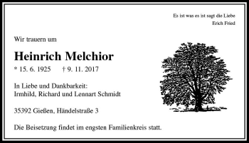 Traueranzeige von Heinrich Melchior von  Gießener Anzeiger