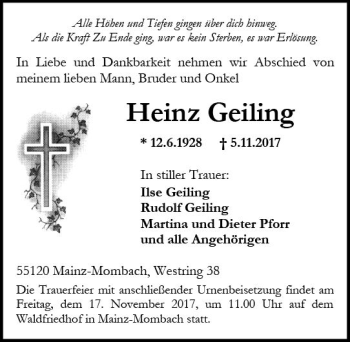 Traueranzeige von Heinz Geiling von Trauerportal Rhein Main Presse