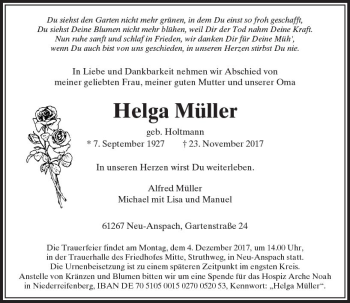 Traueranzeige von Helga Müller von  Usinger Anzeiger