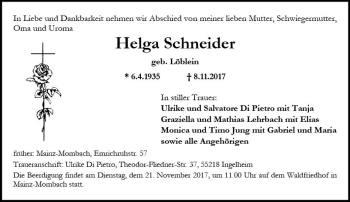 Traueranzeige von Helga Schneider von Trauerportal Rhein Main Presse