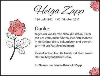 Traueranzeige von Helga Zapp von  Camberger Anzeiger