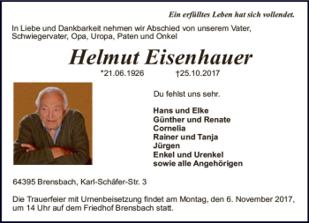 Traueranzeige von Helmut Eisenhauer von Trauerportal Echo Online