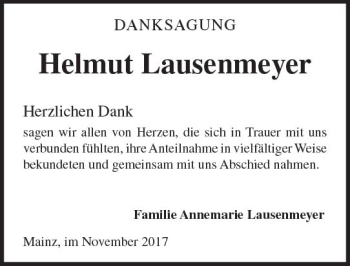 Traueranzeige von Helmut Lausenmeyer von Trauerportal Rhein Main Presse