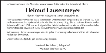 Traueranzeige von Helmut Lausenmeyer von Trauerportal Rhein Main Presse