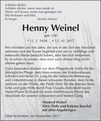 Traueranzeige von Henny Weinel von  Kreisanzeiger