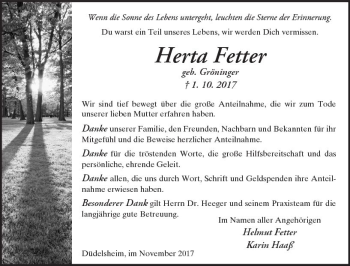 Traueranzeige von Herta Fetter von  Kreisanzeiger
