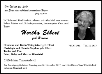 Traueranzeige von Hertha Elbert von Trauerportal Rhein Main Presse
