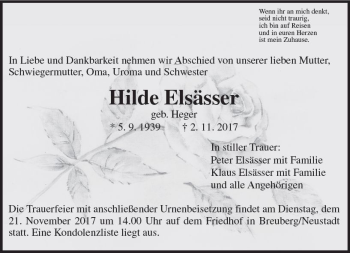 Traueranzeige von Hilde Elsässer von Trauerportal Echo Online