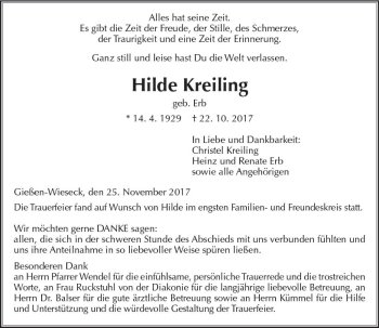 Traueranzeige von Hilde Kreiling von  Gießener Anzeiger