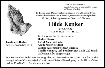 Traueranzeige von Hilde Renker von VRM Trauer
