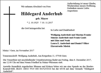 Traueranzeige von Hildegard Anderhub von Trauerportal Rhein Main Presse