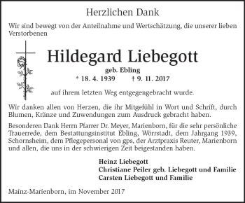 Traueranzeige von Hildegard Liebegott von Trauerportal Rhein Main Presse