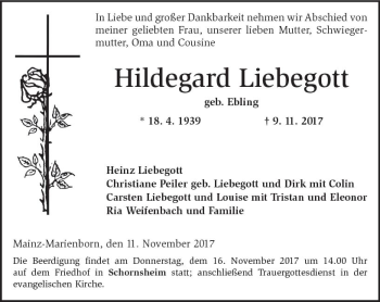 Traueranzeige von Hildegard Liebegott von Trauerportal Rhein Main Presse