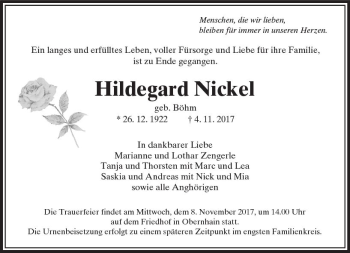 Traueranzeige von Hildegard Nickel von  Usinger Anzeiger