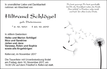 Traueranzeige von Hiltraud Schlögel von  Kreisanzeiger