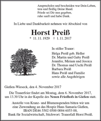 Traueranzeige von Horst Preiß von  Gießener Anzeiger