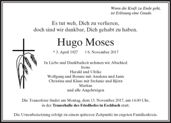 Traueranzeige von Hugo Moses von  Usinger Anzeiger