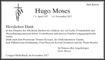 Traueranzeige von Hugo Moses von  Usinger Anzeiger