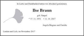 Traueranzeige von Ilse Braun von  Gießener Anzeiger