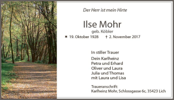 Traueranzeige von Ilse Mohr von Trauerportal Echo Online