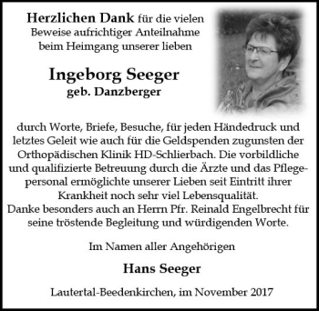 Traueranzeige von Ingeborg Seeger von Trauerportal Echo Online