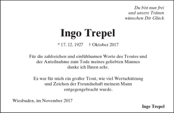 Traueranzeige von Ingo Trepel von Trauerportal Rhein Main Presse