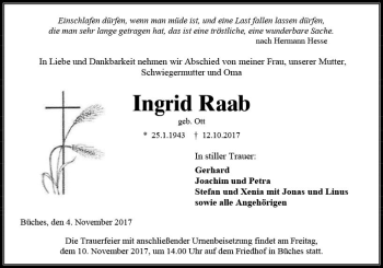 Traueranzeige von Ingrid Raab von  Kreisanzeiger
