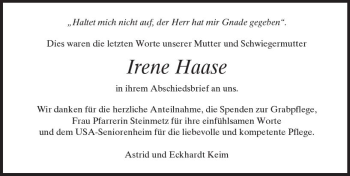 Traueranzeige von Irene Haase von  Usinger Anzeiger